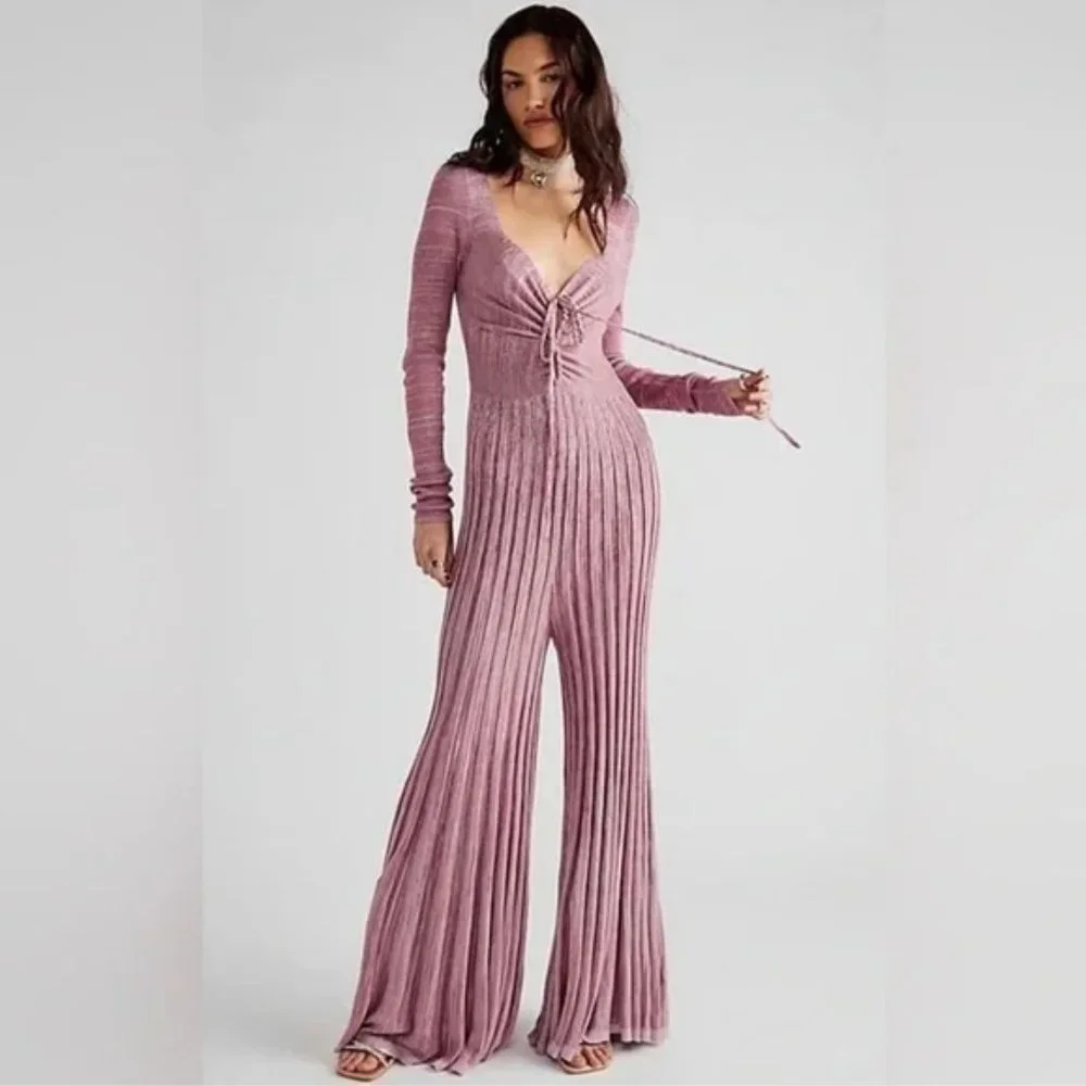 NEW Free People Lady Luck Jumpsuit One Piece Rose Pink Knit Ribbed Flare
